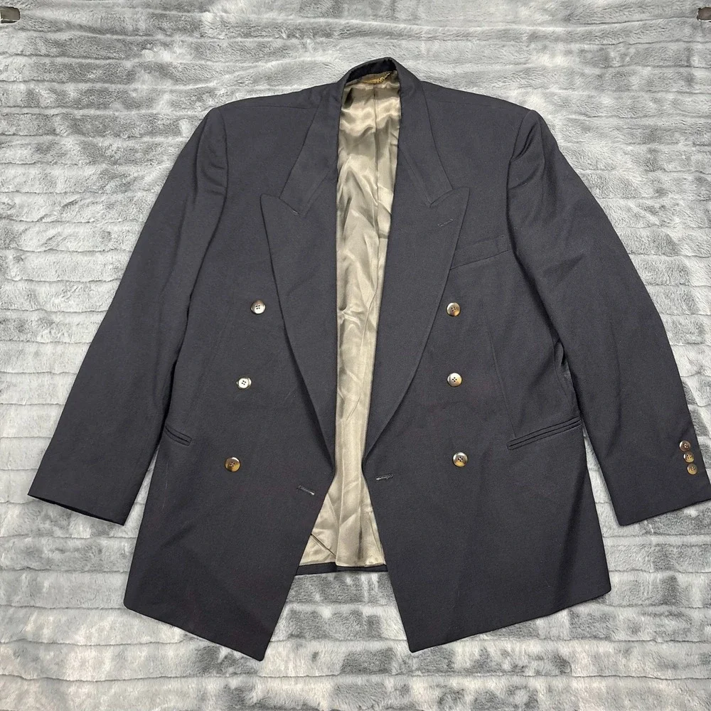 Dillards Riserva Mens Navy Blue Pure Wool Double Breasted Blazer Tailored USA 48